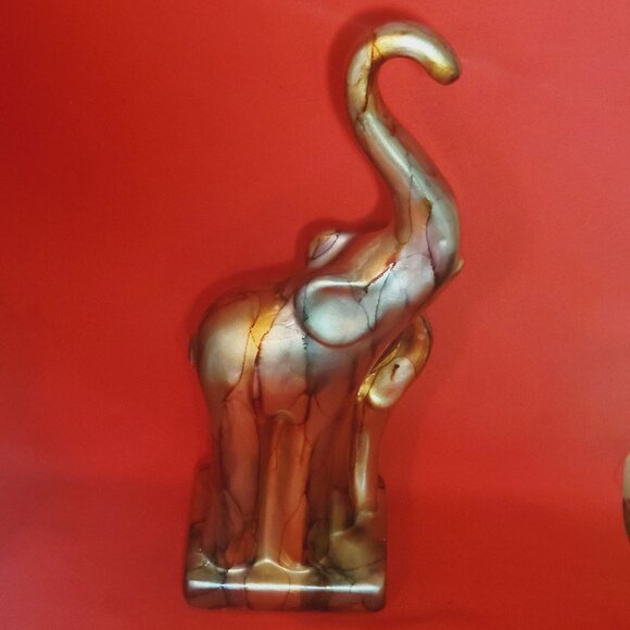 Gold Glazed Elephant Mom Baby Figurine Sculpture Long Legs Free Standing Statue - Picture 12 of 13